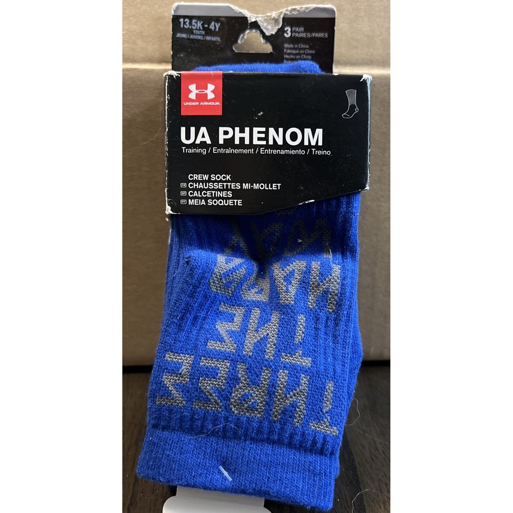 UNDER ARMOUR UA PHENOM Training Crew Socks 3 Pair Youth SZ 13.5K-4Y Royal Blue